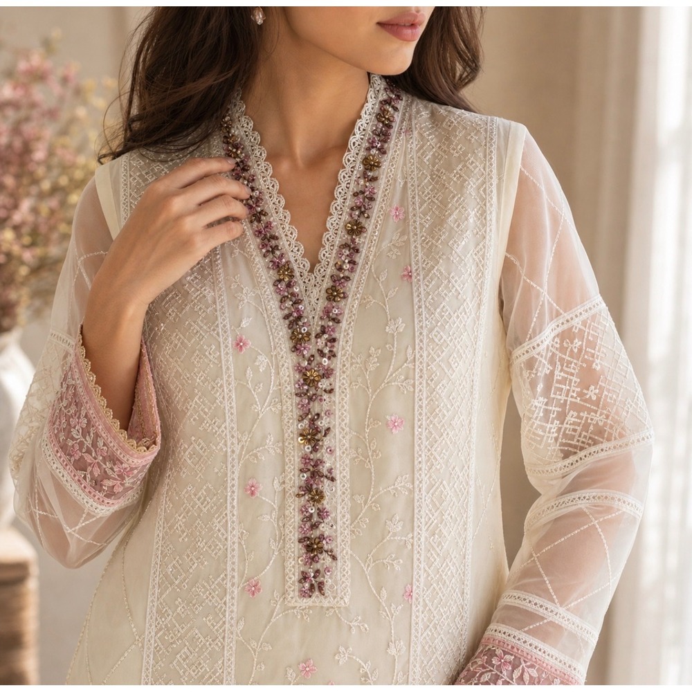 Azure Ethereal Sheer Embroidered Kurta Dress Beaded Floral Cottagecore Boho Mini